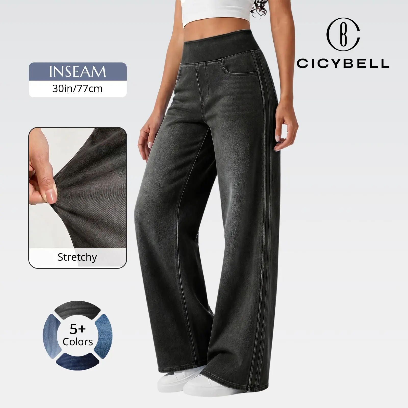 Cicy Bell Womens Pull On Jeans Wide Leg High Waisted Stretchy Side Striped Denim Pants