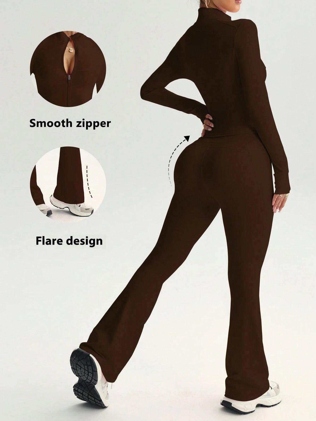 Women’s 2-Piece Yoga Set - Half Zip Mock Neck Long Sleeve Top, High Waisted Flare Leg Bottoms, Soft Naked-Feel Breathable Athleisure for Gym Workouts, Pilates, Multi-Size Female Activewear, 2 Piece Sets, Clothes For Women, Woman 2 Piece Set, Flare Legging