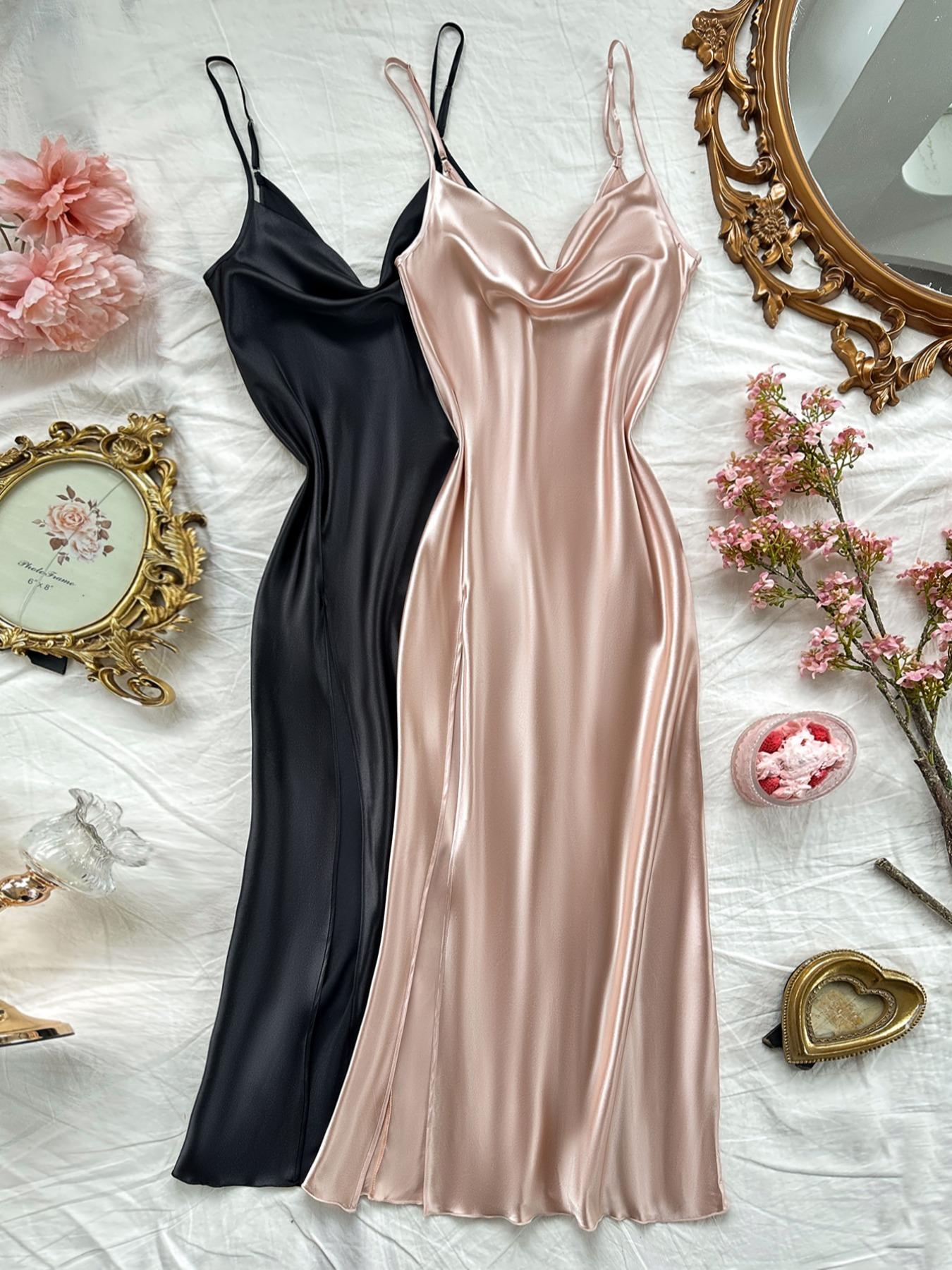 Elegant Backless Cami Nightdress Set, Women's High-Slit Faux-Silk Fabric Sleepwear Collection for All-Season Wear