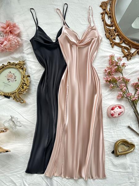 Elegant Backless Cami Nightdress Set, High Split Design, Faux Silk Fabric, All-Season Wear, Women's Sleepwear Collection