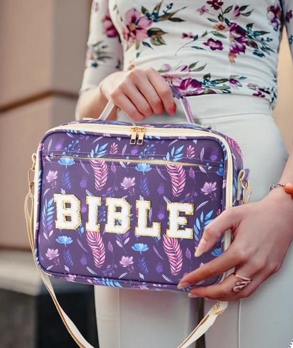 Valentine Gift Bible Bag for Women, Floral Bible Bag 12x9x2.5In Large Chenille Letter Bible Cover PU Leather Bible Case with Tabs Colored Pen Highlighters Tote Bag with Shoulder Strap, Bible Journaling kit for Church Christian Girls,Sunday Prayer Supplies