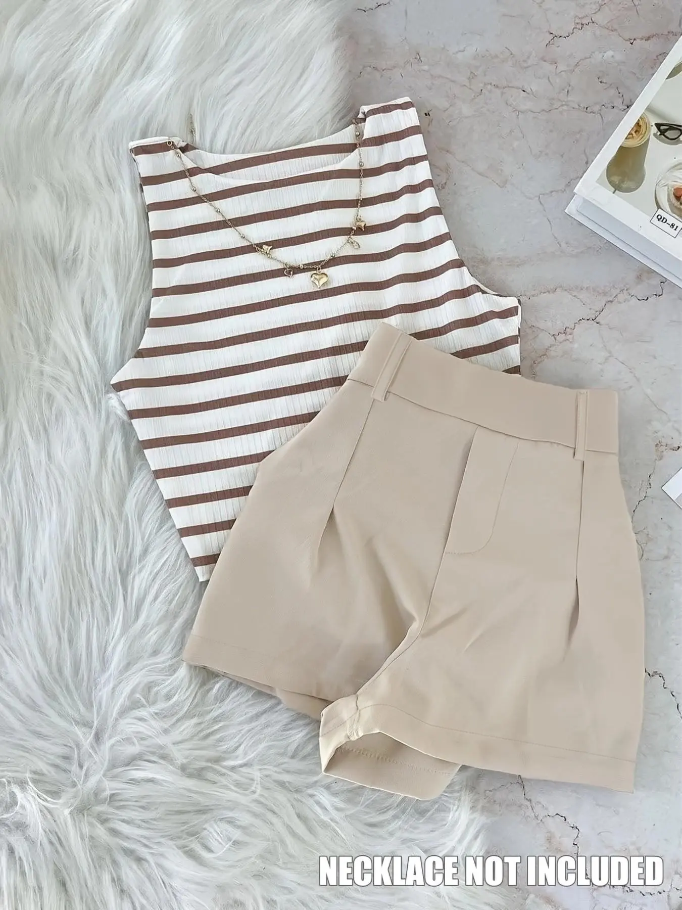 Women's Brown and White Striped Sleeveless Vest + High-Waisted Suit Shorts Set, Elegant Casual Set, Casual Slim-Fit Two-Piece Outfit, Essential Daily Commute Wear, Top, Everyday, Womenswear