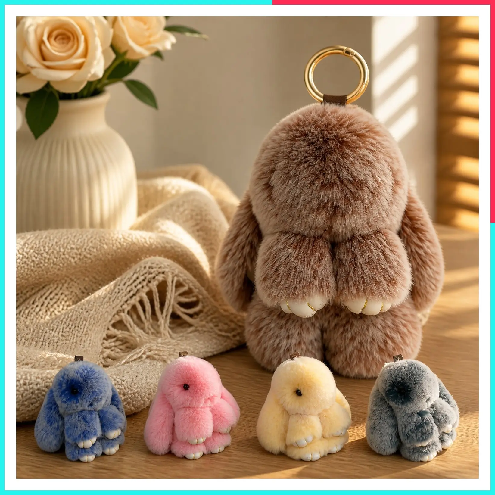 Handmade Pompom Bunny Keychain with Tin, Cute Backpack Purse & Car Pendant Accessory, Ideal Valentine Easter Holiday Gift for Women