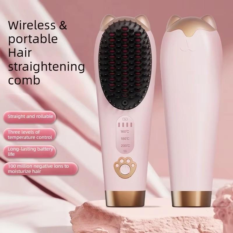 Cordless Negative Ion Hair Straightener Brush, Portable Lightweight 3 Temp Heat Straightening Comb, USB Rechargeable Cute Cat Hot Comb for Frizz-Free Styling