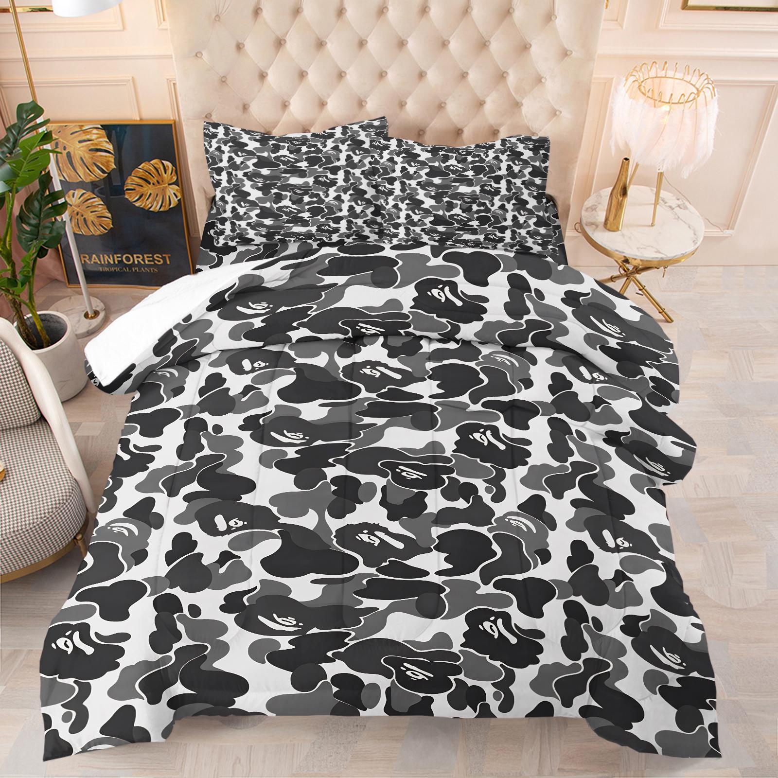 APBE Black White Ape Head Camo Comforter Set, 1 Comforter & 1-2 Coreless Pillowcases, ABC Camo & Ape Head Design, Comfortable Warm Bedding, Minimalist Trendy Industrial Bedroom Decor, Teens & Fans Gift