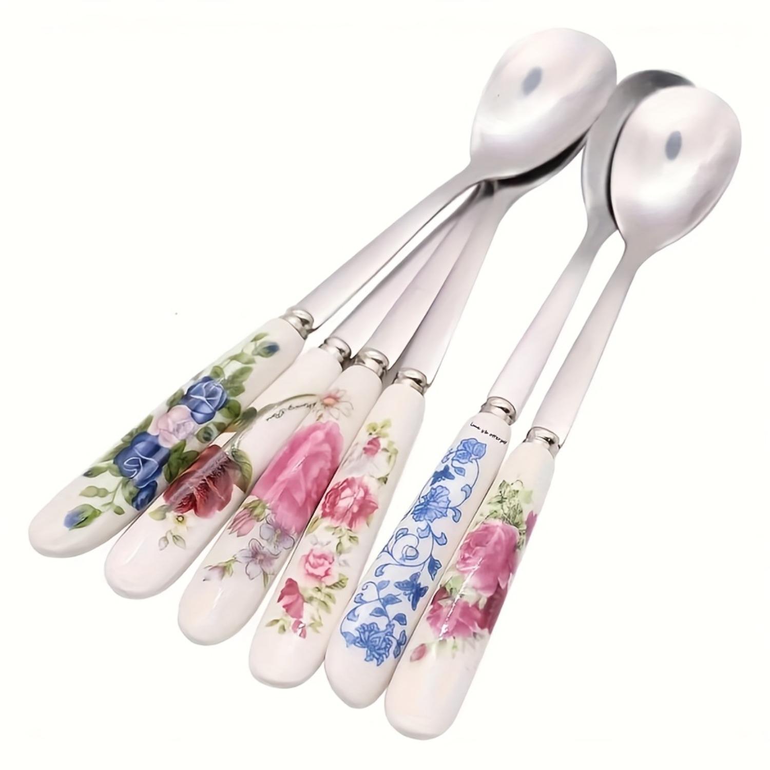 PrimPick A 6-piece set of stainless steel coffee spoons with floral ceramic handles - an elegant mixing and serving tool, suitable for sugar, ice cream and soups - a durable kitchen and dining accessory