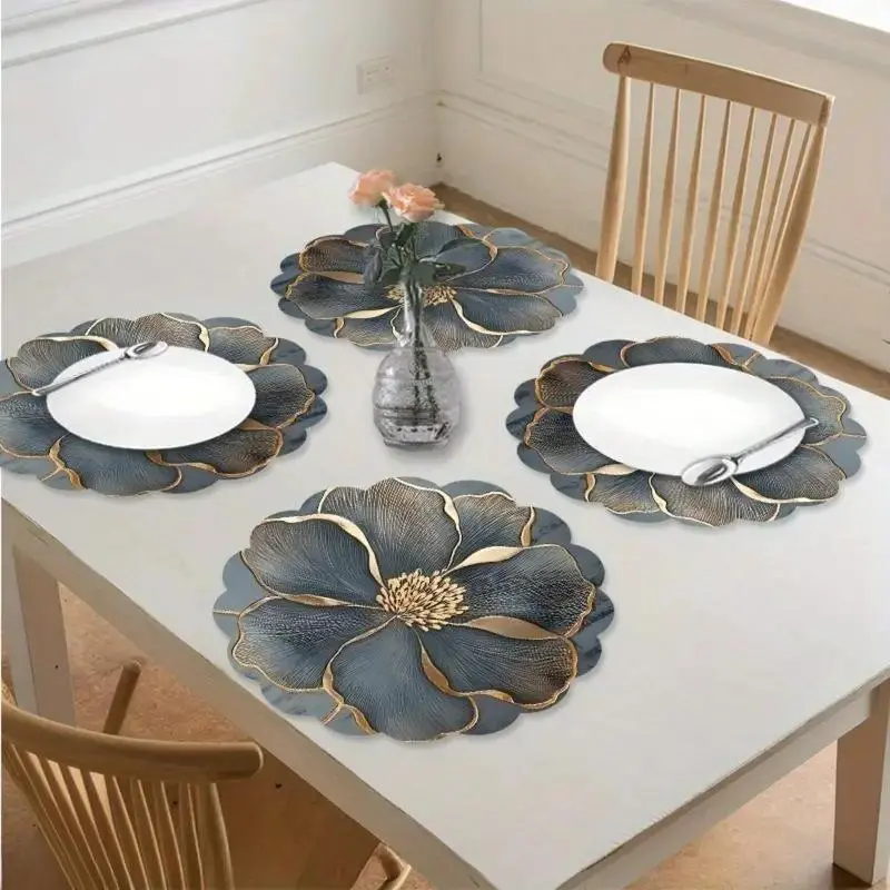 4PCS Minimalist Circular Grey Base Floral Print Table Mats - Waterproof, Stainproof, Wear-Resist, Party-Ready Indoor Recreation Tabletop Ornaments for Family Dinners, Wedding Banquets
