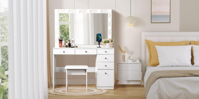 VOWNER Makeup Vanity Desk Set With Large Mirror, power outlet ,3 Color Of Light, 5 Drawers and 1 Cabinet For Storage, for bedroom, white