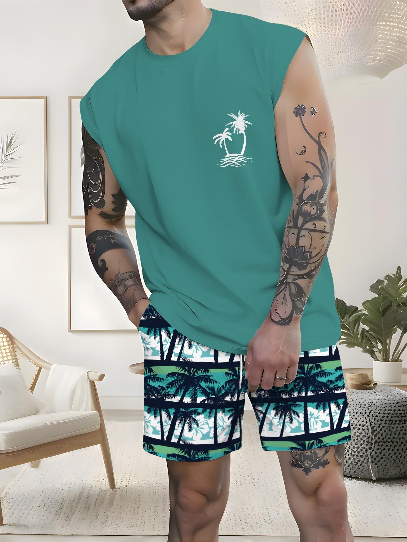 Men's Tropical Palm Tree Print Sleeveless Tank Top & Drawstring Shorts Set Summer Beach Casual Two Piece Outfit Streetwear Co Ord Set Suits