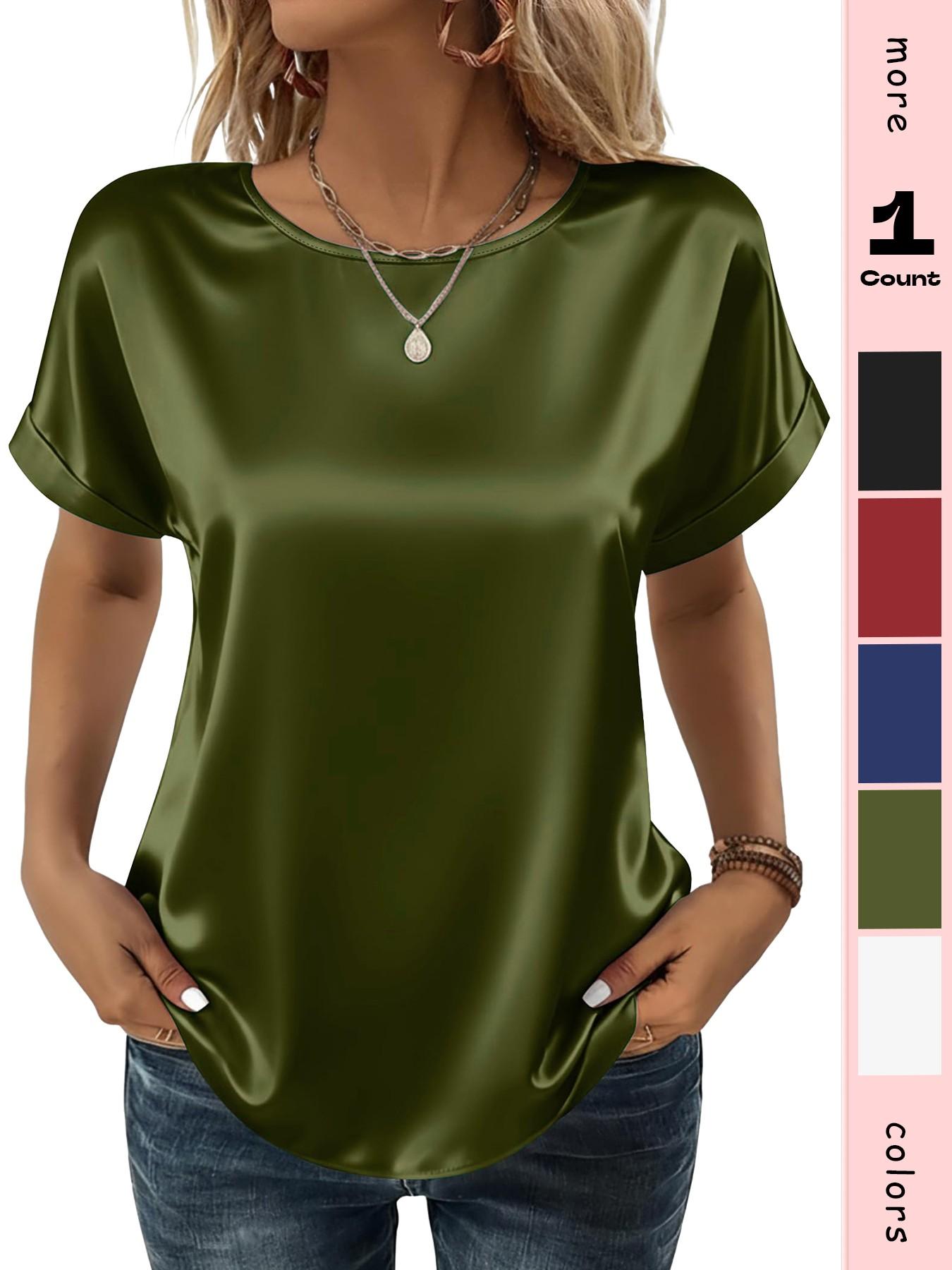 Women's Satin Shirt, Business Casual Short Sleeve Top, Round Neck T-Shirt, Silk Blouse, Summer Clothing, Fashionable and Comfortable
