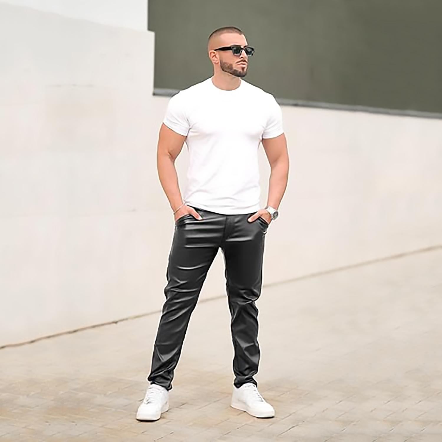 GINGTTO Mens Slim Fit Pants Stretch Pu Faux Leather Motorcycle Biker Pants