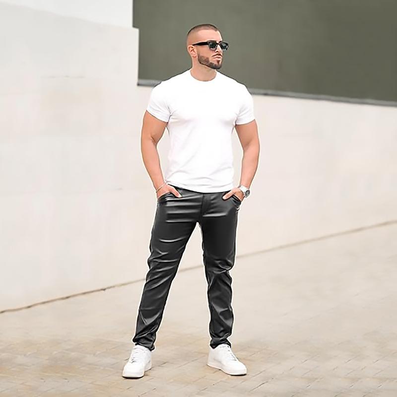 GINGTTO Mens Slim Fit Pants Stretch Pu Faux Leather Motorcycle Biker Pants