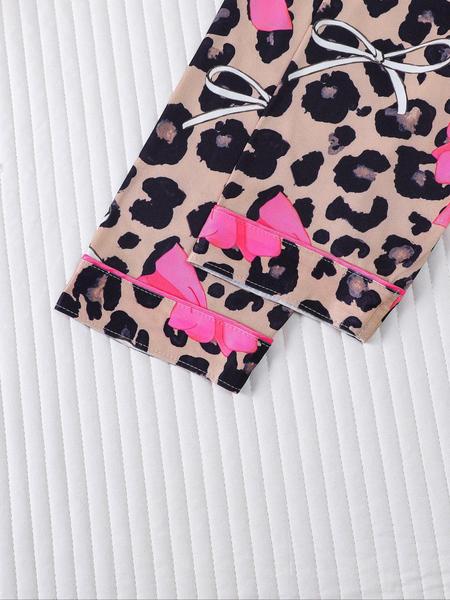 Women's Autumn Winter Pajama Set, Cute Bowknot Print, Holiday Party Sleepwear, Shirt Collar Button Long Sleeve Top & Elastic Pants, Pajamas For Adults