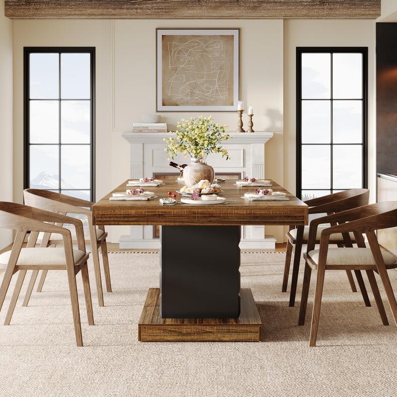 LITTLE TREE 63'' Dining Table for 4-6, Farmhouse Wooden Rectangular Dinner Table with Geometric Relief, Pedestal Base