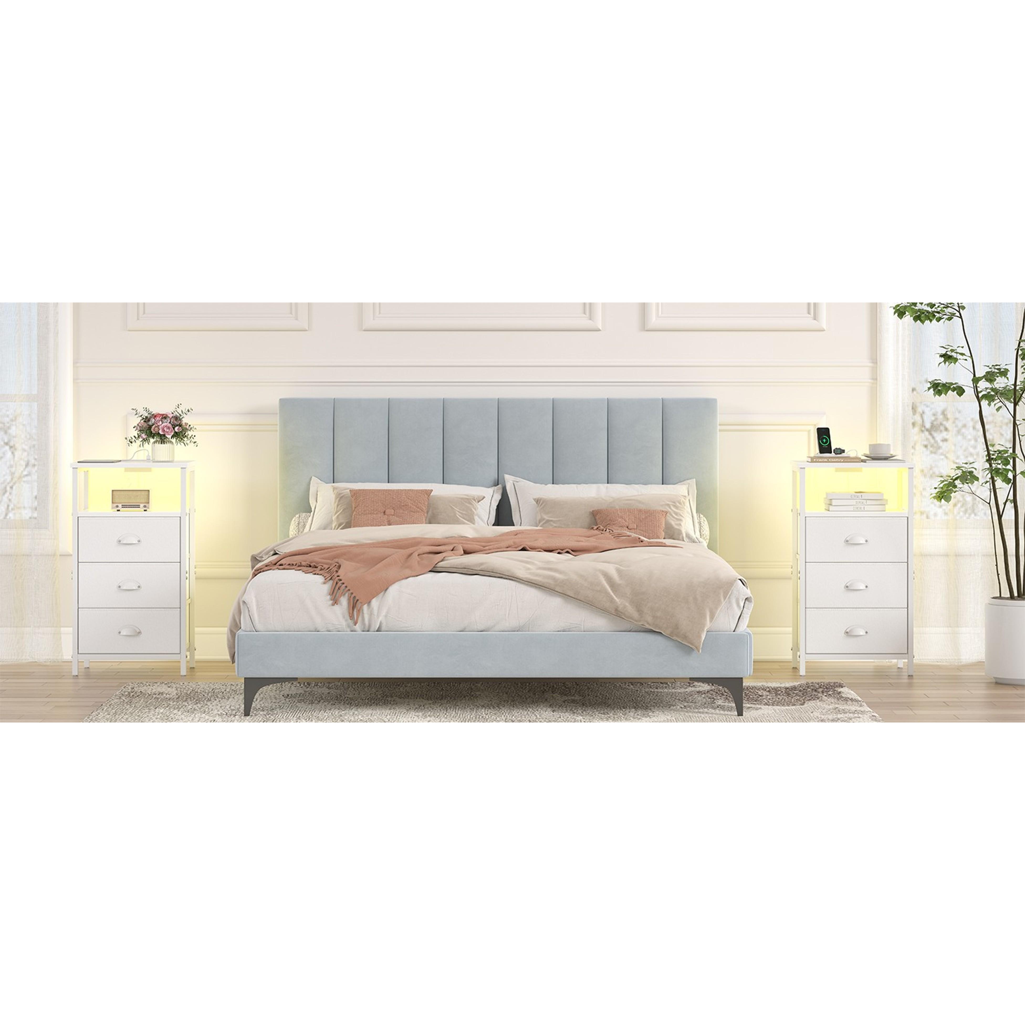 Nightstand with Charging Station,LED White Nightstand with 3 Fabric Drawers PU Finish, Bedside End Tables, 2-Tier Open Storage Shelf Side Table Nightstand with Drawers for Bedroom,White