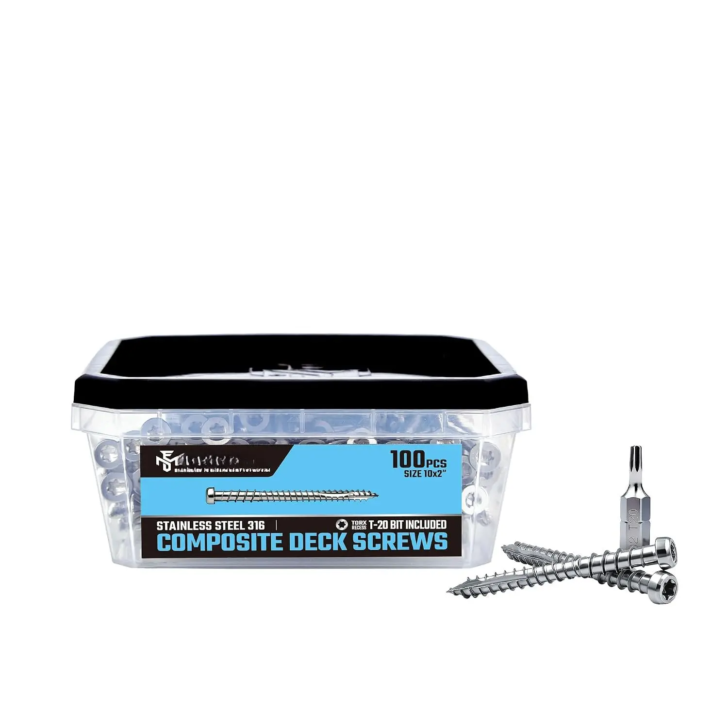 Composite Deck Screws, #10 x 2, 100 count,  | 316 Stainless Steel, For PVC & Composite Decking, Flush Finish Cap , Reverse Upper Threads, T20  Drive, Bit Included