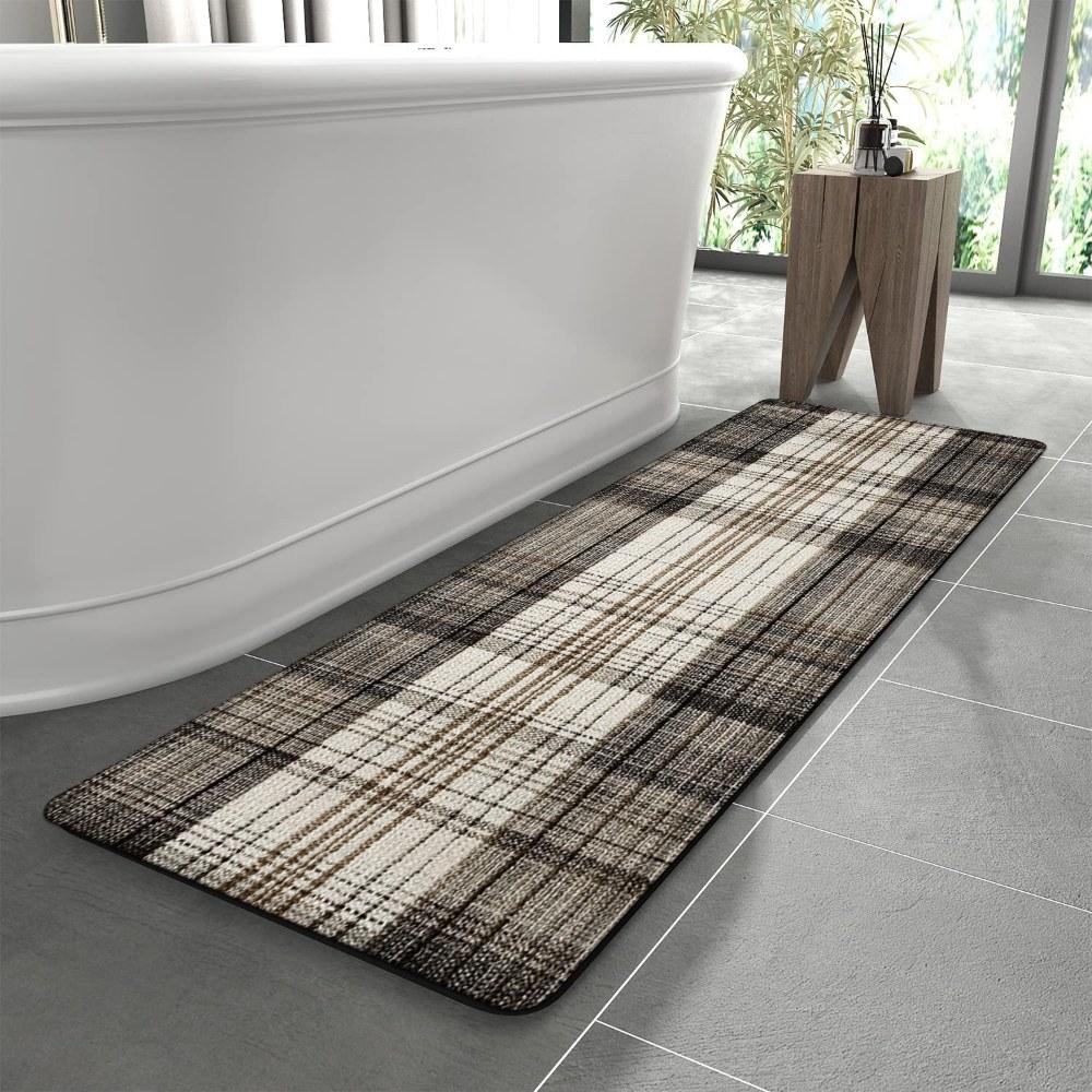 1PC， Spring Brown and White Plaid Fabric Patterned strip rugs, home décor, bathroom mats, entryway mats, bathroom non-slip mats, indoor entrance rugs, bedroom bedside mats, kitchen mats, hallway rugs, flannel sponge rugs, hallway runner rugs