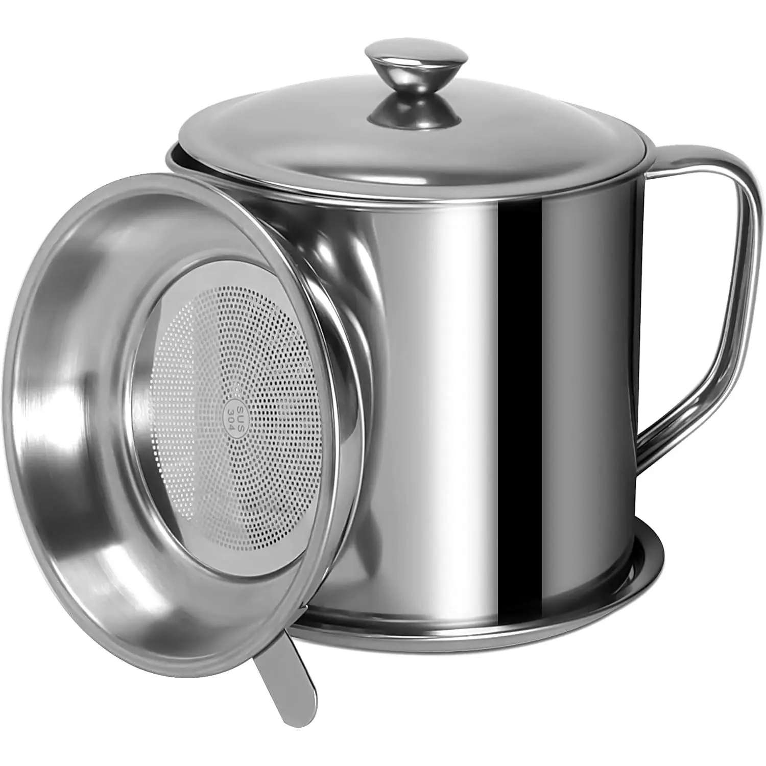 Bacon  Container with Strainer 42 oz for Kitchen Saver with Tray | 1.25 L -grade Easy-Grip Handle Container with Lid Frying Cooking Oil Stainless Steel Keeper Dishwasher Safety Catcher