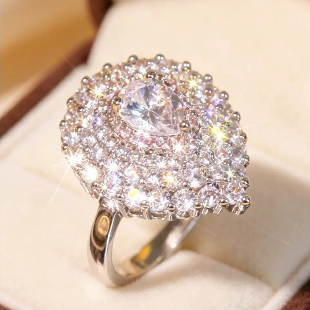Pear‑Cut Center Stone Statement Ring for Women, Multi‑Layer Halo Paved Cocktail Ring, Sparkling Large Cluster Ring, Fashion Jewelry for Wedding Party Anniversary Gift