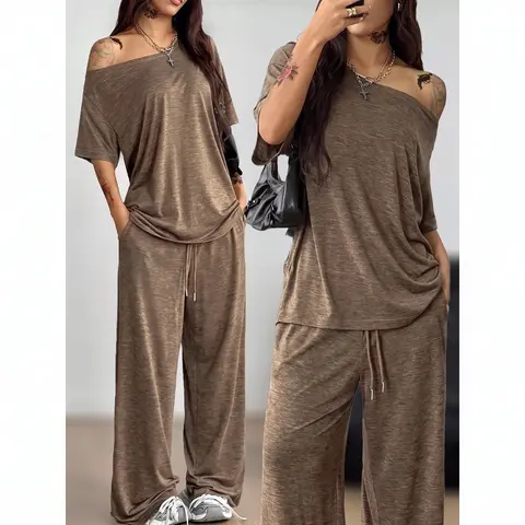 VVZ 2026 Women's Fit 2-Piece Casual Tracksuit - Soft Rayon Slight Stretch 1-Shoulder Short-Sleeve Tee + Wide Leg Sweatpants for Hip Comfort Sportswear