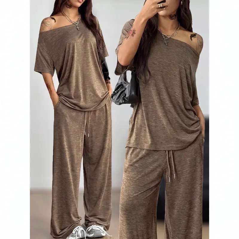 VVZ 2026 Women's Fit 2-Piece Casual Tracksuit - Soft Rayon Slight Stretch 1-Shoulder Short-Sleeve Tee + Wide Leg Sweatpants for Hip Comfort Sportswear