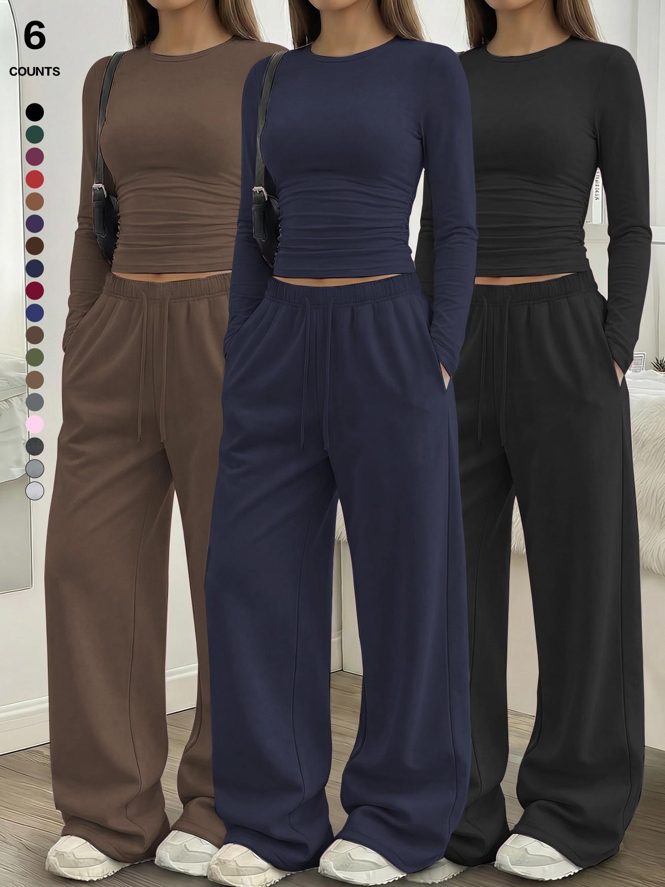 Women's Solid Ruched Drawstring Loungewear Set, Casual Long Sleeve Round Neck Top & Pocket Wide Leg Trousers, Spring Summer Sleepwear Pajama Set