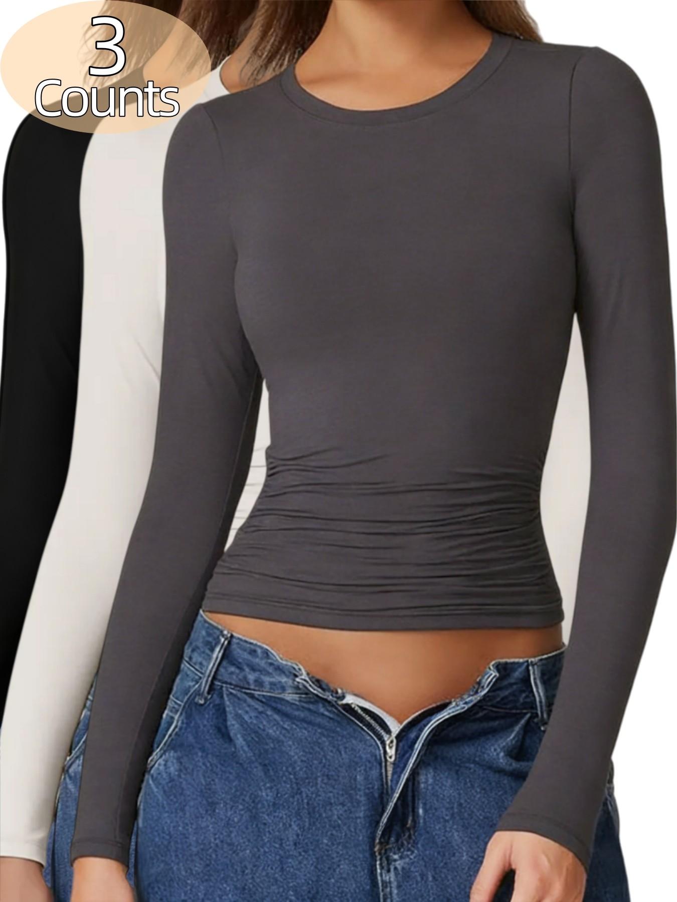 3 Counts Elegant & Versatile Women Plain Crew Neck Long Sleeve Ruched Fitted Slim Fit Loungewear Shirt,Warm Trendy Basic Tops,Breathable Soft Underwear,Cute Womenswear,High Elasticity Shapewear Tee,Suitable For All Seasons