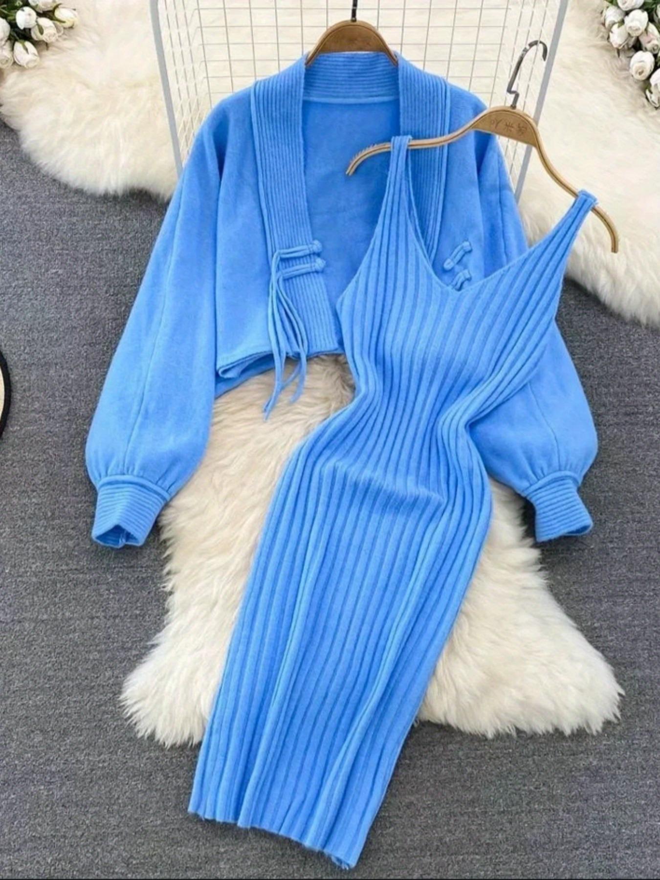 Women's Solid Color Knit Two Piece Set, Casual Fashion Frog Button Cardigan and Ribbed Dress for Spring & Fall, Fashion Women's Knitwear for Daily Wear, Womenswear