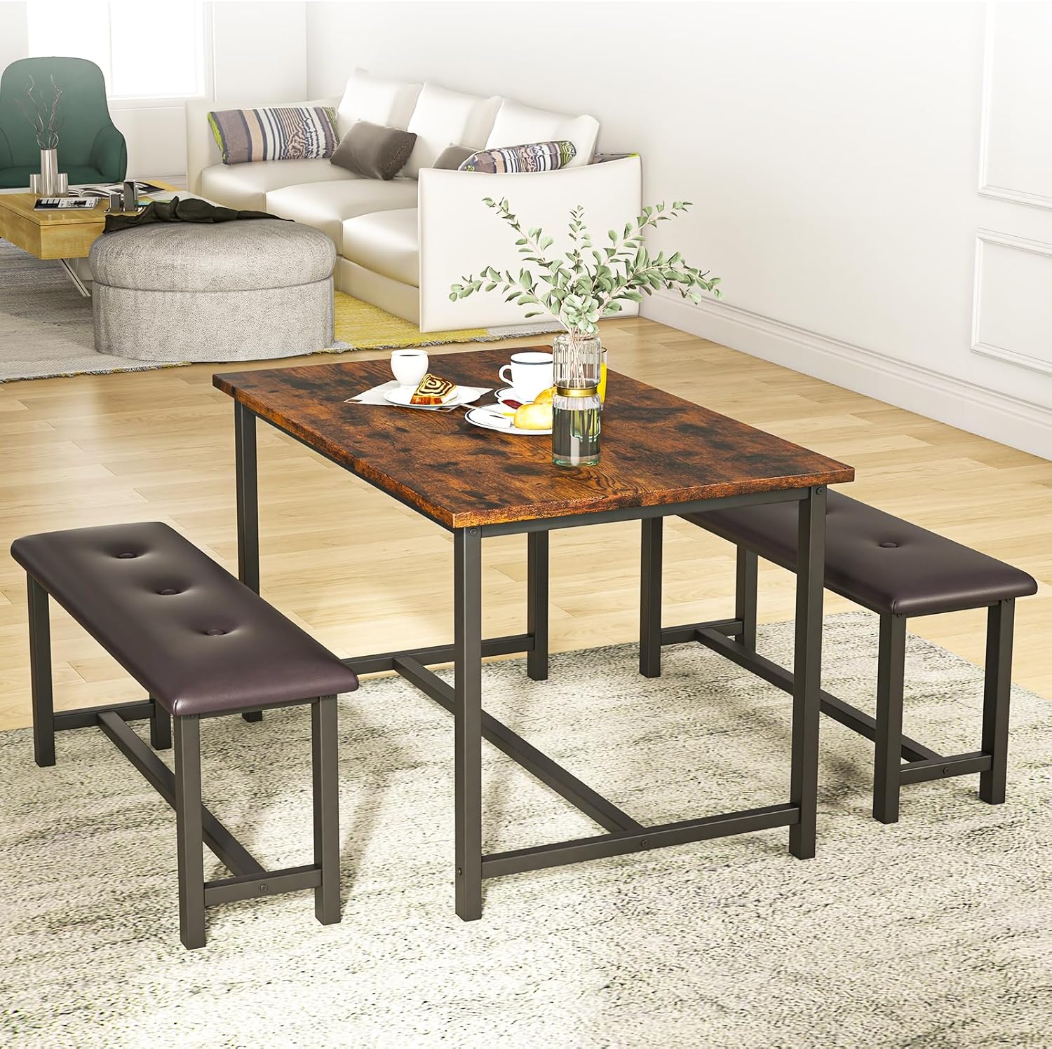3-Piece Dining Table Set for 4 People, 44" Space Saving Kitchen Table with 2 Benches, Industrial Rectangular Dining Room Table Chairs Set