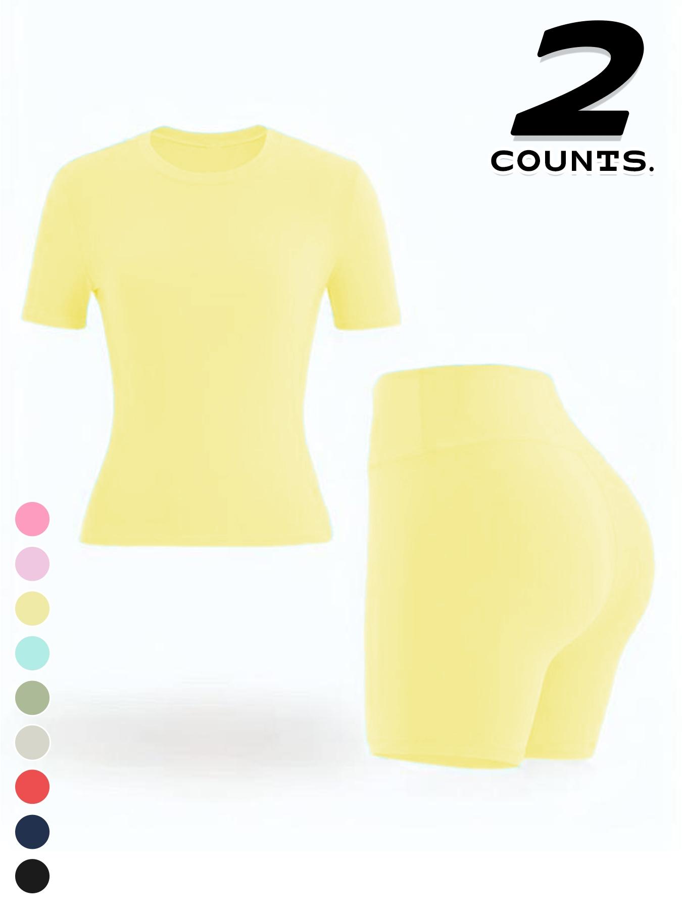 Women's Sport Yoga 2-Piece Set, Plain Short Sleeve T-Shirt and High Waist Shorts, Breathable Gym Running, All Seasons
