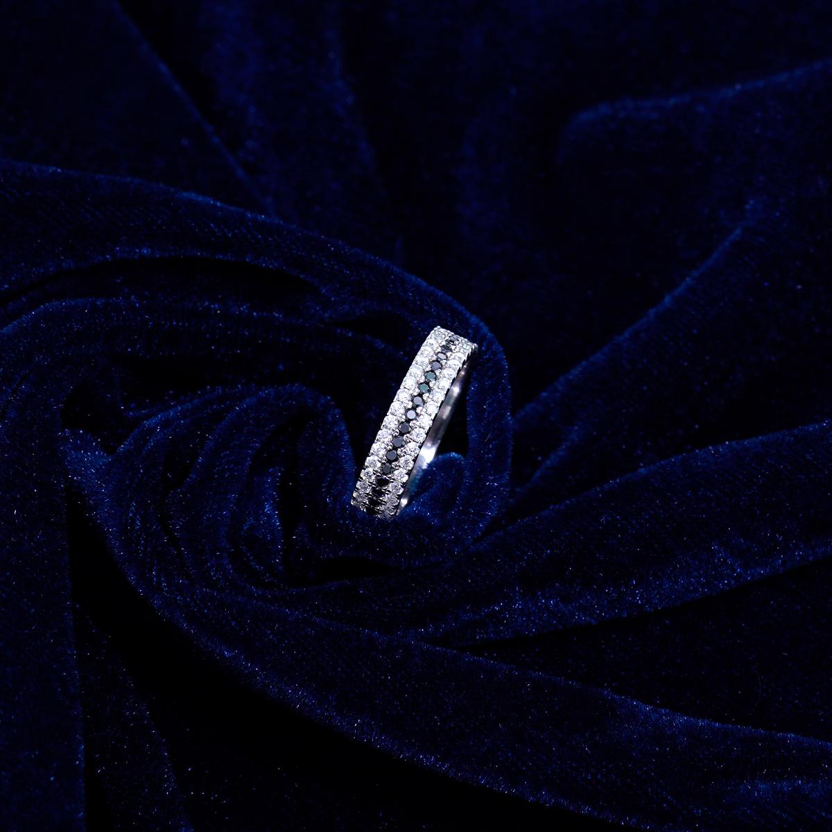 Delzzad Handmade Pave Ring Band Black and White Synthetic Moissanite S925 Christmas Gift