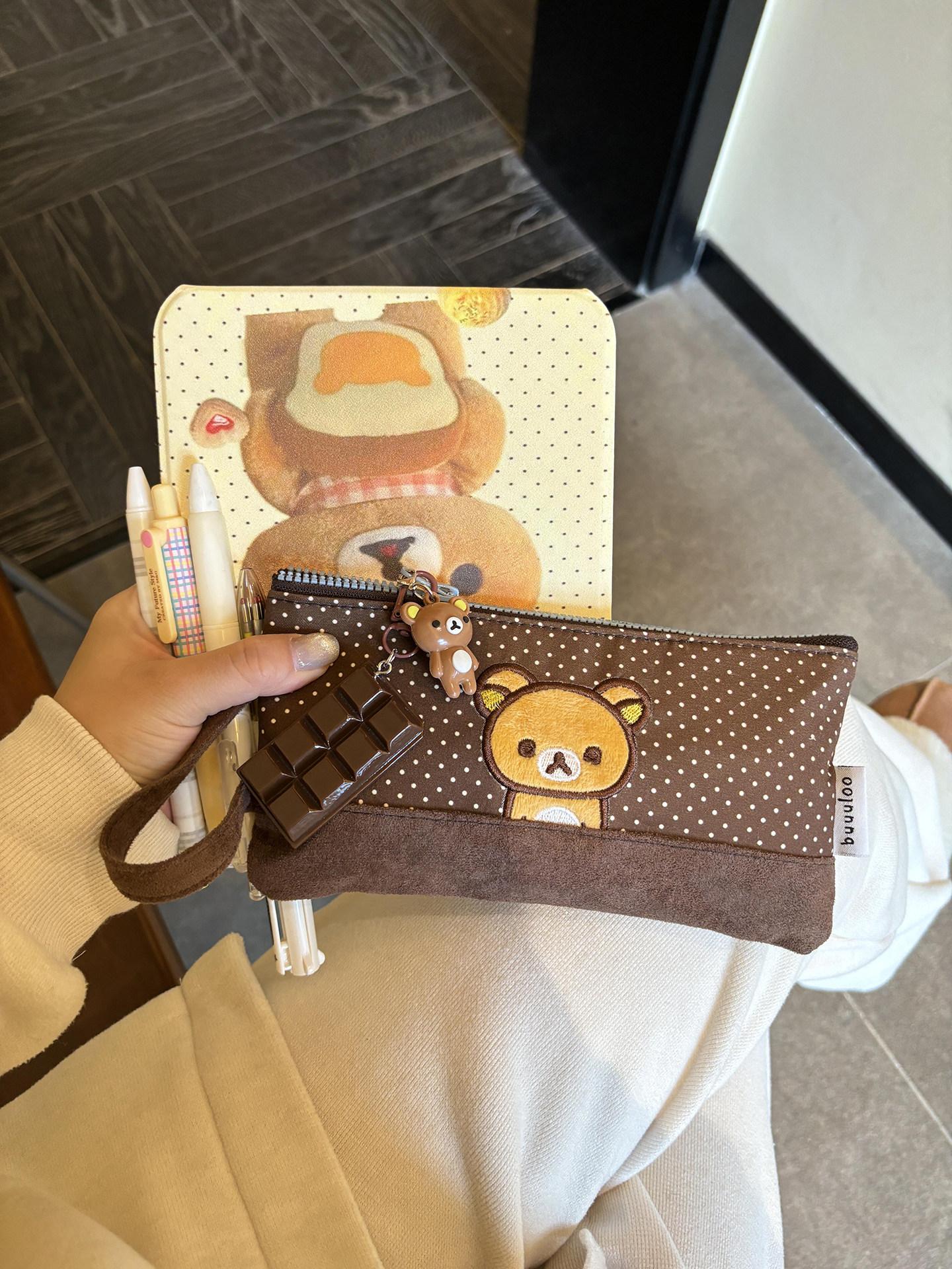 Buuuloo Original Embroidered Rilakkuma Pencil Case Large Capacity Polka Dot Ins Style Kawaii For Teen Girls High School Students