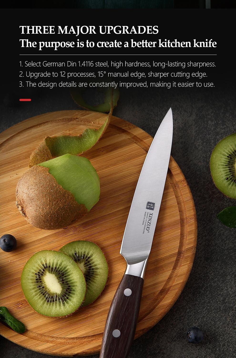 XINZUO Utility Knife. 5-inch compact design. Crafted with German 1.4116 steel, paired with red sandalwood handle. 6.0- 8.0 N cutting force. Comes in a beautiful gift box——Zhi Series