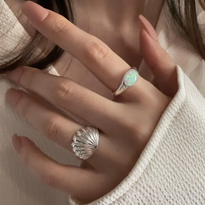 2 Pcs Chunky Silver Sea Shell Ring & Glow Opal Ring Set Aesthetic Mermaidcore Coastal Finger Ring Adjustable Open Stacking Rings Jewelry Gift for Her