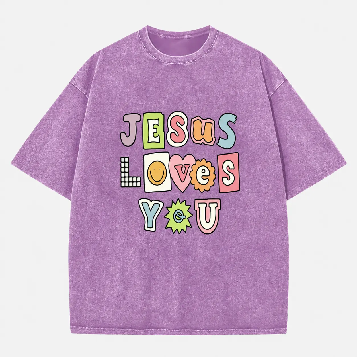 Vintage Jesus Loves You Y2K Patchwork Multicolor Bubble Letter Christian T-Shirt, Washed Lavender Purple Cotton Oversized Short Sleeve Tee, Cute Groovy Faith Casual Crewneck Shirt