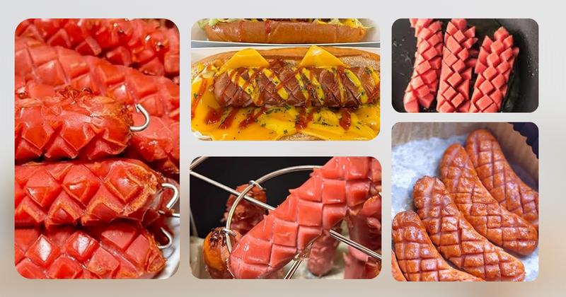 Hot Dog Slicer Criss Cross Red Stainless Steel Blade One-Touch Release BBQ Grilling Picnics Outdoor Cooking Kitchen Backyard Utensils Compact Dishwasher Safe Stylish