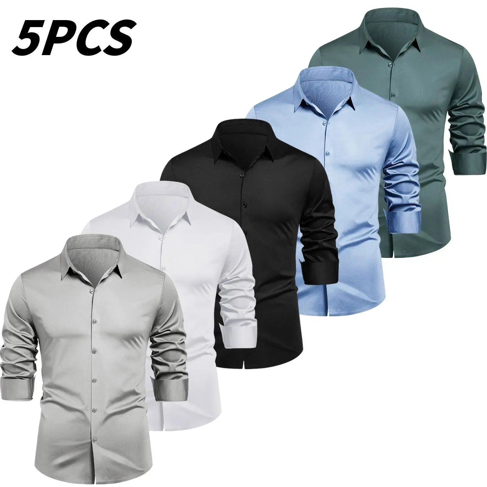 Men's 5-Pack Minimalist Turn-Down Collar Long-Sleeve Dress Shirts, Plain Basic Menswear Tops, Clean Cut Stylish Design, Casual Versatile Everyday Wear, Multiple Color Options