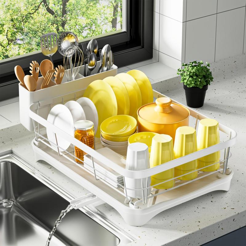 1pc  Large metal drain rack with drain pan, rust proof kitchen storage rack, saving countertop space for utensil storage, black dish rack