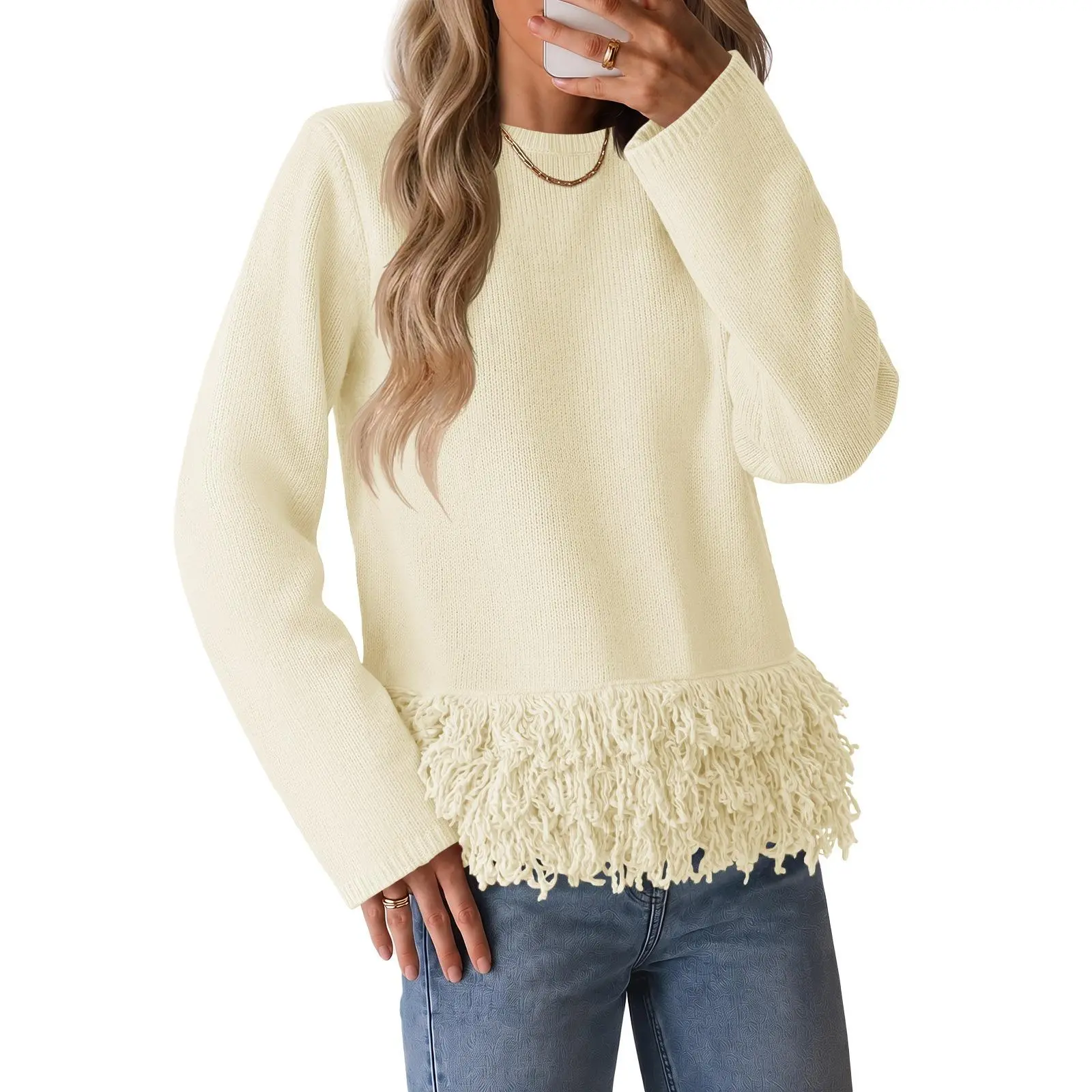 Saodimallsu Women's Basic Casual Fringe Crew Neck Sweater - 2026 Fall Minimalist Boho Pullover, Soft Blend Fabric Knitwear, Boho Clothes for Women