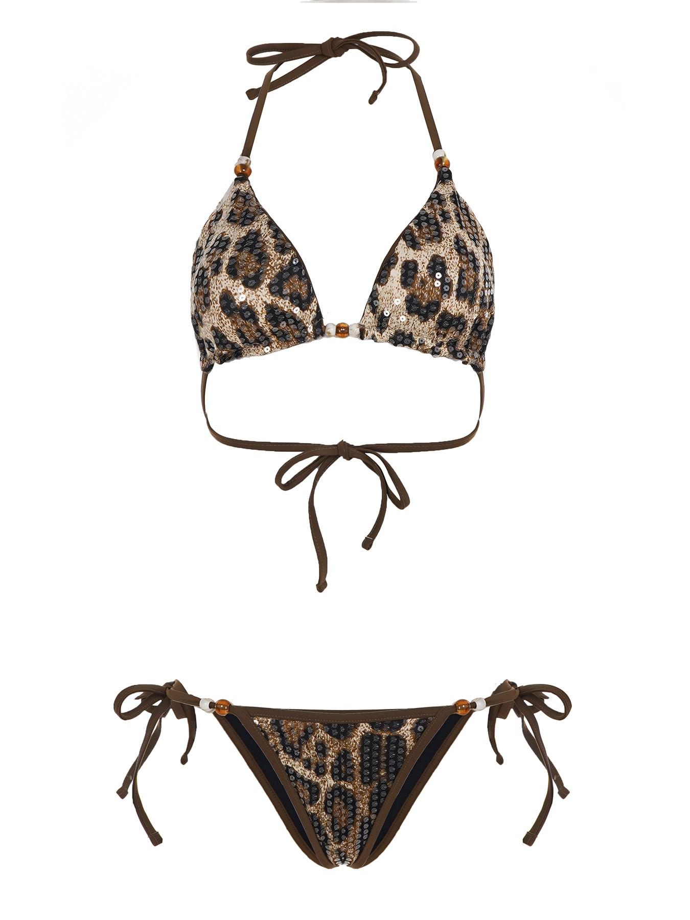 Women's Holiday Sexy Leopard Print Sequin Two-Piece Bikini Set, Backless Slim-Fitting with Micro Triangle Bra and Thong Bottom, Leopard Print Bikinis