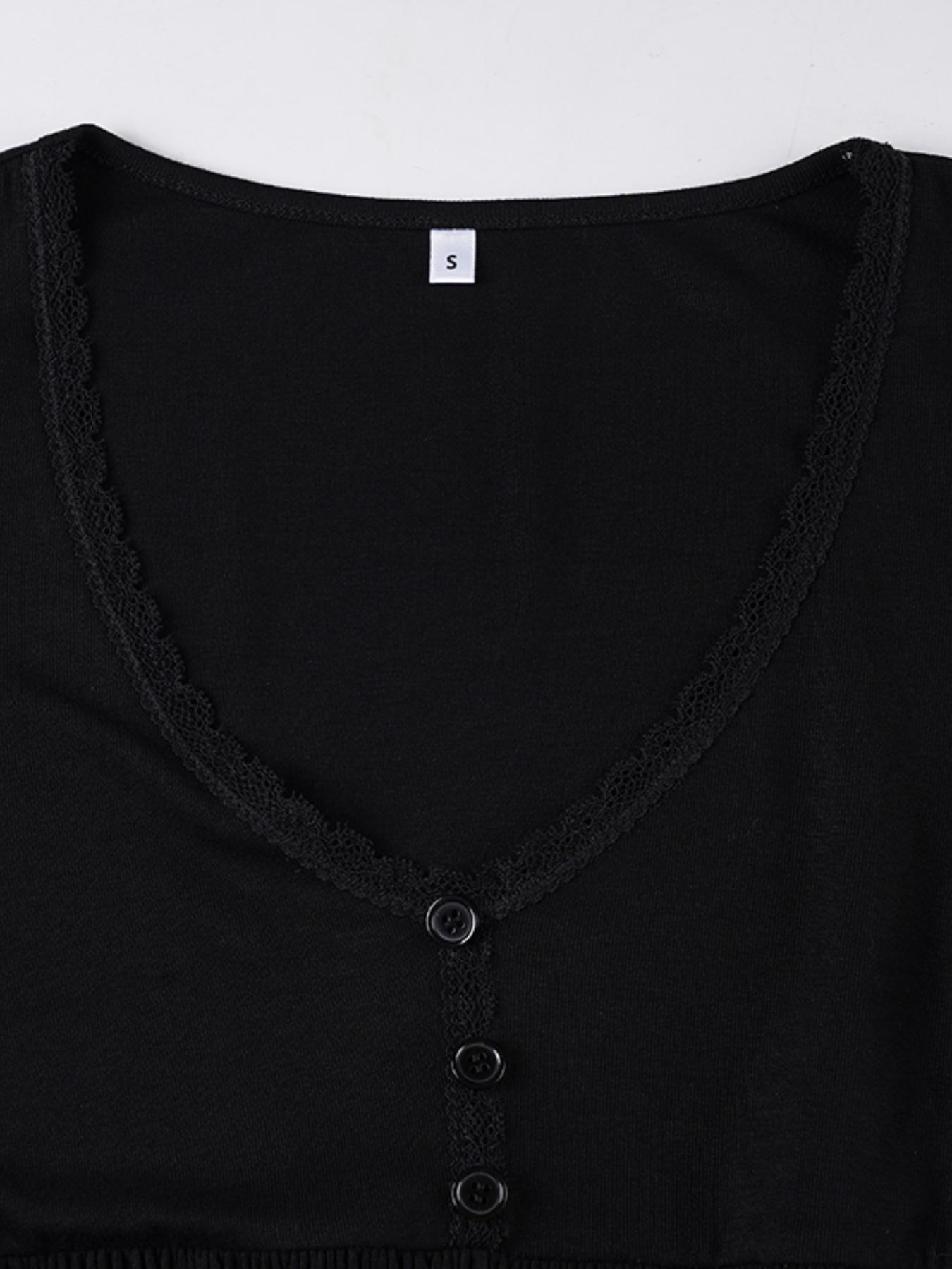 Lace Trim V Neck Flare Sleeve A-Line Top, Y2K Casual Solid Color Long Sleeve Basic T-Shirt, Women's Fashion Clothing