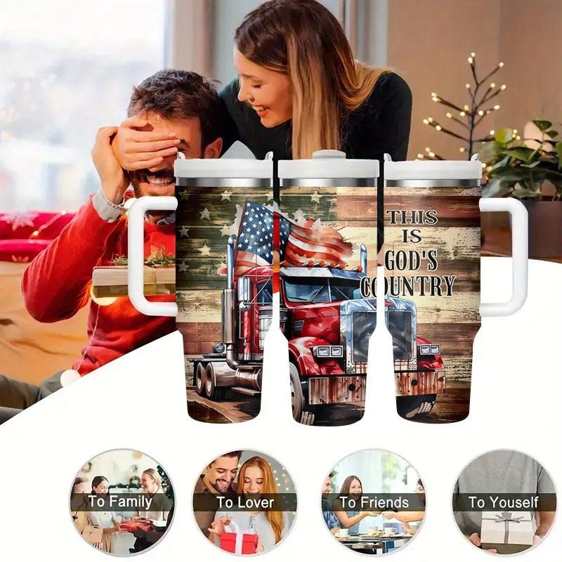 1pc 40oz American Truck Theme Insulated Cup with Handle, Stainless Steel Flag Cup, Straw Cup, Patriotic Gift for Truck Drivers