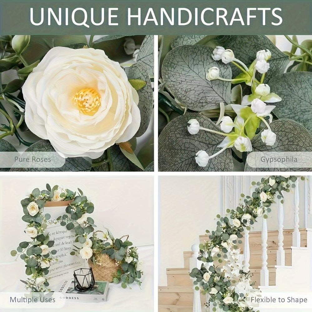 70-inch Eucalyptus and Rose Garland, Plastic Flower Vine for Home Decor, Wedding and Engagement Table Decoration for Various Room Types, Featherless Plastic Floral Vine, Ideal for Party Tables & Indoor Wall Backdrops, Artificial Eucalyptus Garland