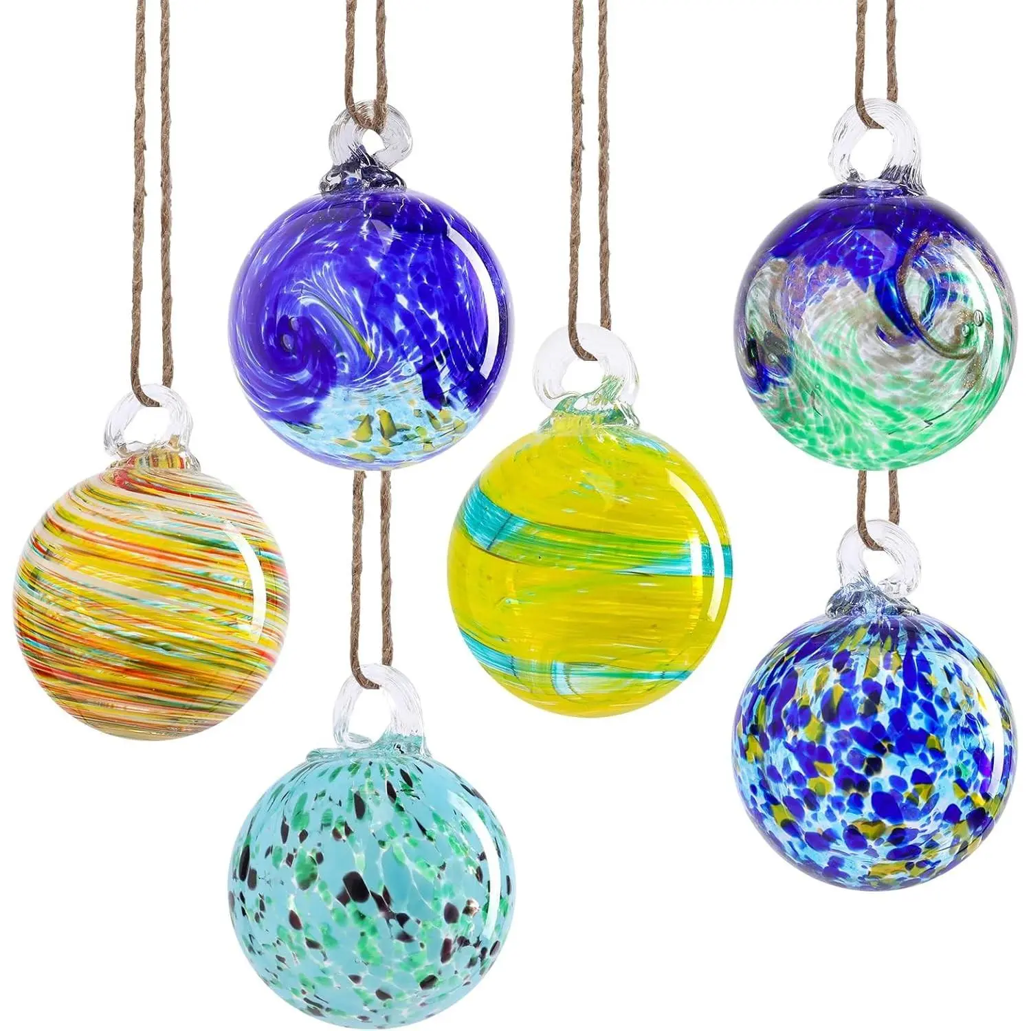 Hanging Garden Gazing Ball, Glass Witch Ball for Outdoor Decor, 3" | 6pcs Hanging Gazing Balls, Hand-Blown Witch Ball Ornament Colorful Swirl Garden Globe for Outdoor Garden Lawn Yard Decorative