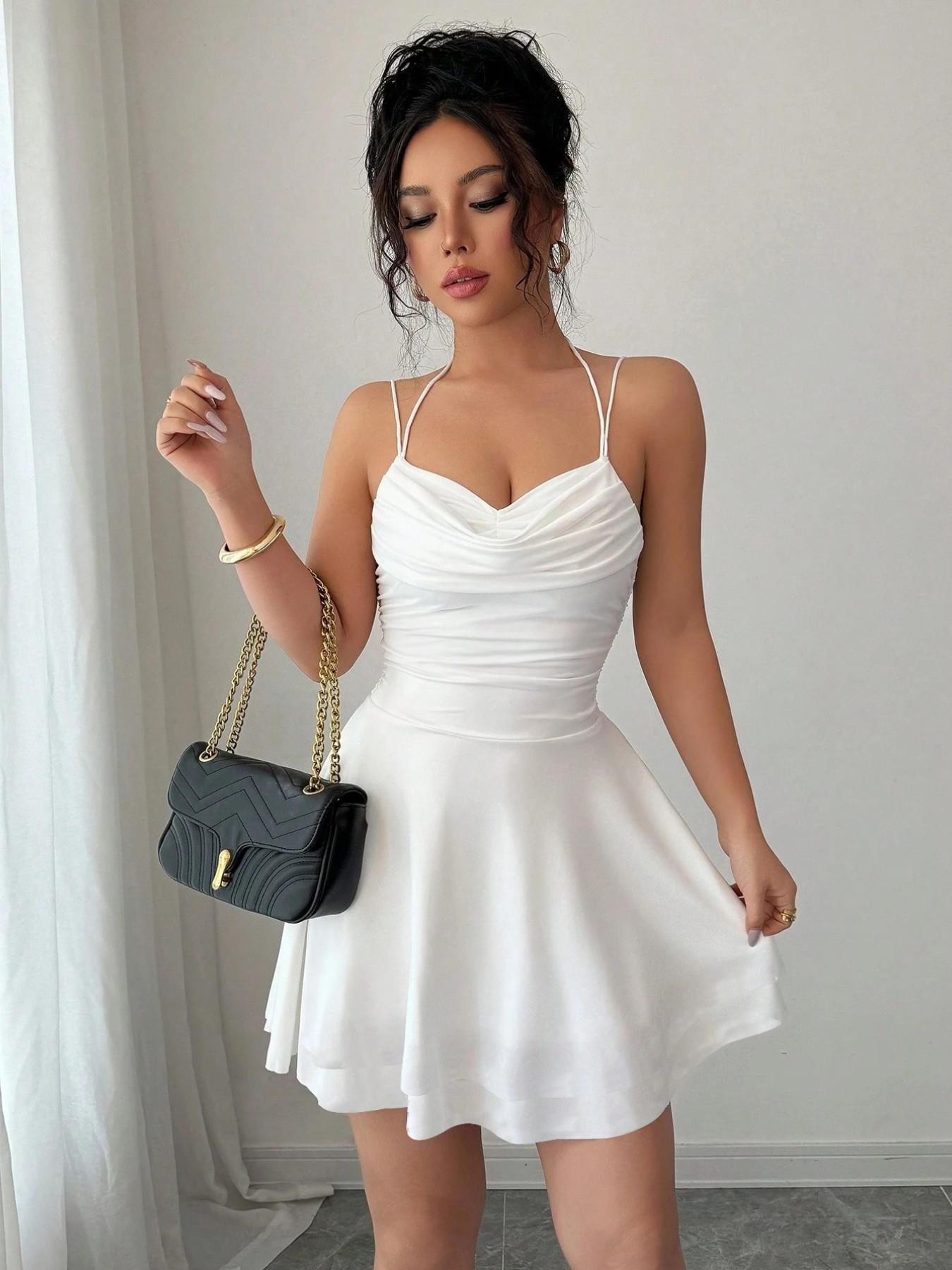 French Style Sexy Slim-Fitting Ruched Dress, Plain Color Backless Party Gown, Perfect for Graduation Season, Women's Elegant Clothing