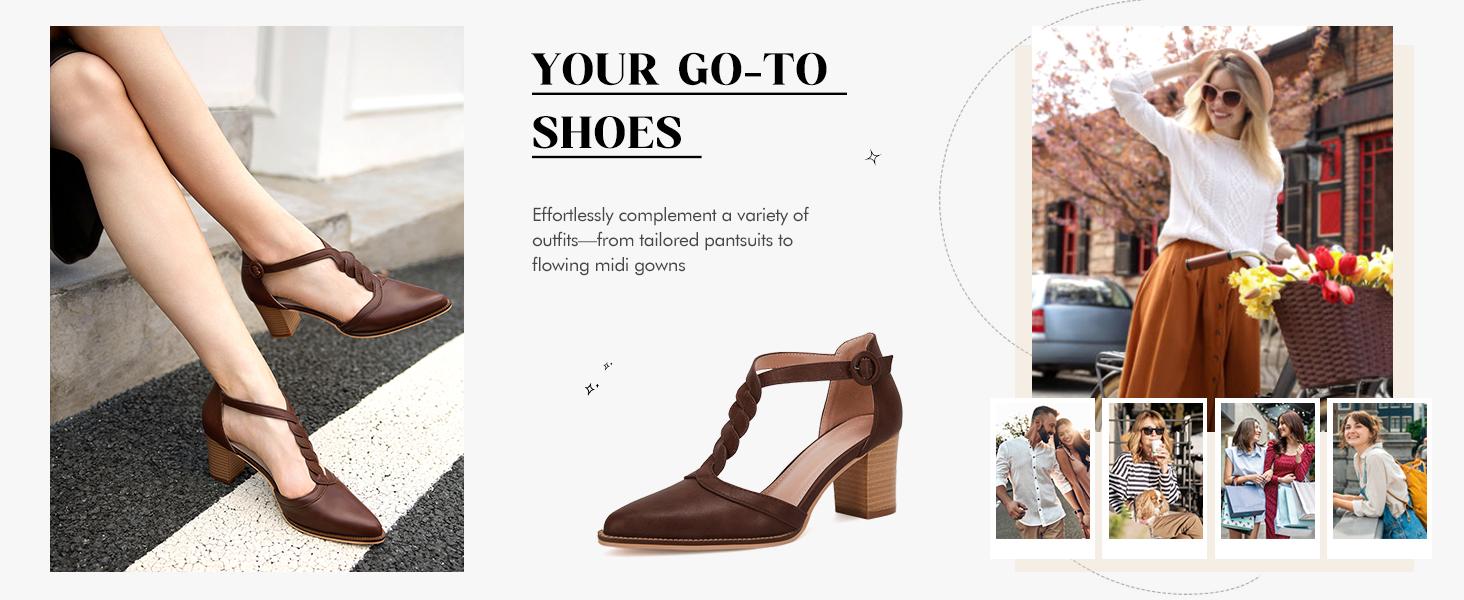 Imily Bela Womens Block Chunky Heels T Strap Dress Shoes Closed Toe Braided Stacked Heeled Sandals Pumps