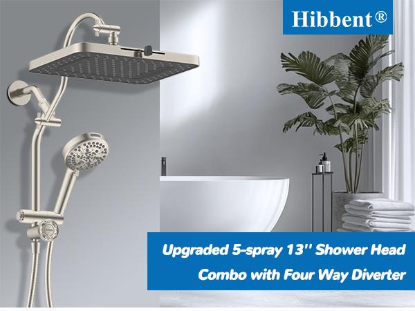 Hibbent Upgraded 13'' Shower Head Combo, High Pressure 5 Spray Rainfall Showerhead, 10 Spray Mode Handheld, All Metal Easy Reach 4-way Diverter with Pause Mode, 71'' Hose and Holder, Brushed Nickel