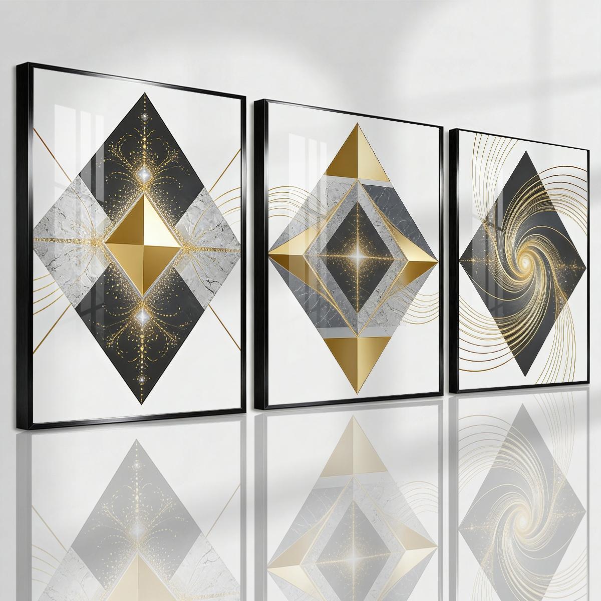 3 Counts Aluminum Alloy Framed Painting, Geometric Gold And Marble Abstract Art Pictures, Home Decoration For Living Room, Bedroom, Office, Restaurant, Hallway Wall Decor, Odorless Print Artwork, Luxury Perfect Gift For Friends And Family