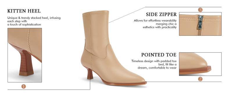 Coutgo Womens Pointed Toe Ankle Boots Stacked Kitten Low Heel Side Zipper Fall Booties Shoes