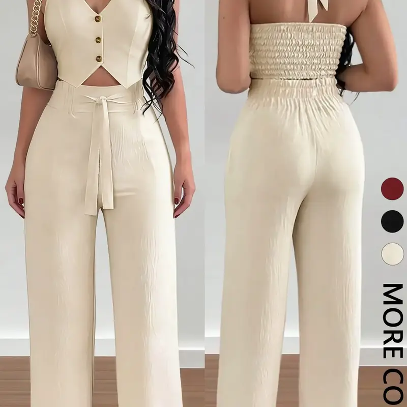 Women's Halter Crop Top & Wide-Leg Pants Set, Womenswear, Comfortable Woven Material & Halter Neck Design & Smocked Back & Tie-Waist Silhouette,2pcs